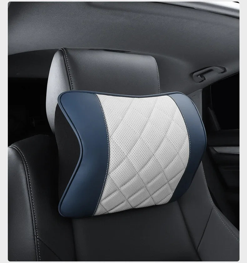 Nappa Leather Car Headrest & Lumbar Support Set – Memory Foam Neck and Waist Cushion - Delicate Leather