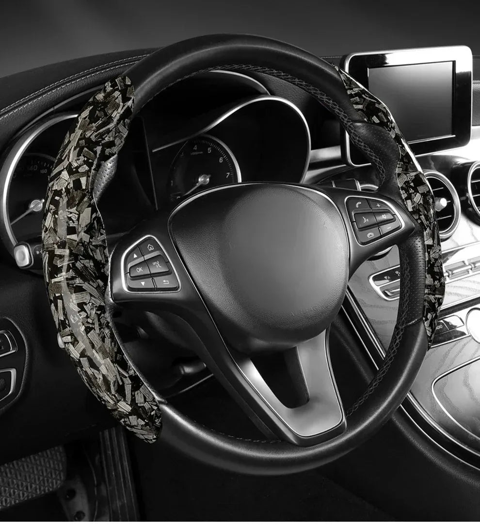 Luxury Glitter Forged Carbon Fiber Steering Wheel Cover – 3D Textured, Anti-Slip, Universal Fit & Easy Installation - Delicate Leather