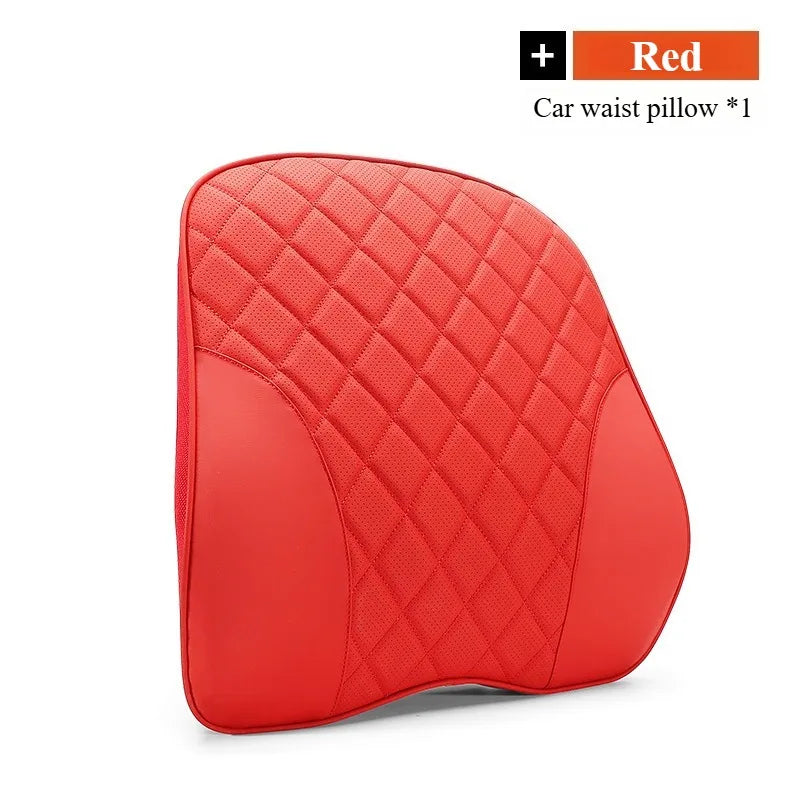 Nappa Leather Car Headrest & Lumbar Support Set – Memory Foam Neck and Waist Cushion