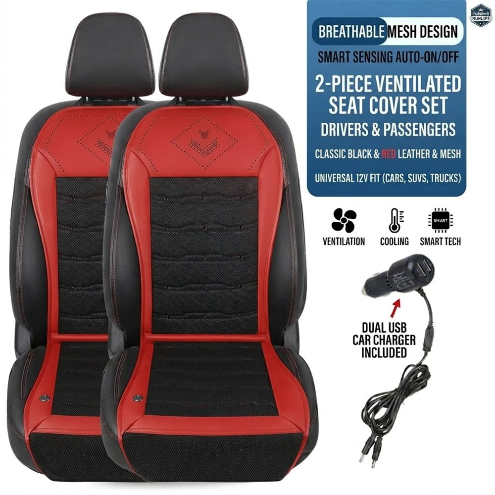 12V Ventilated Car Seat Cushion – Smart Auto Start/Stop Cooling Seat Cover - Delicate Leather