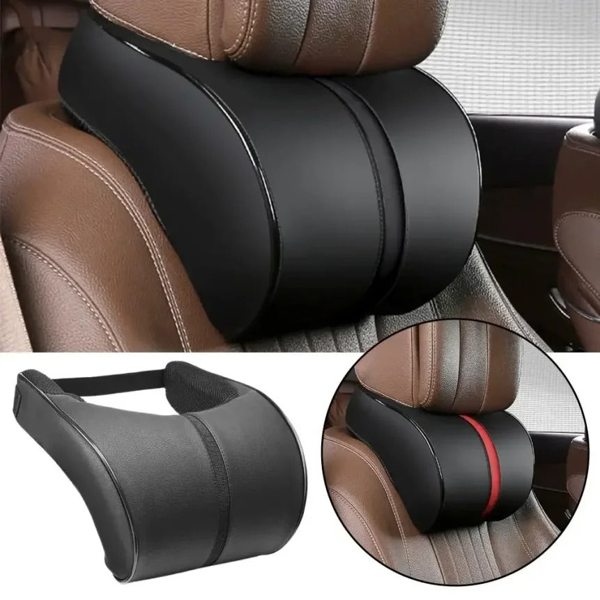 Adjustable Memory Foam Car Headrest & Lumbar Cushion Set – Leather Neck & Back Support Pillow - Delicate Leather