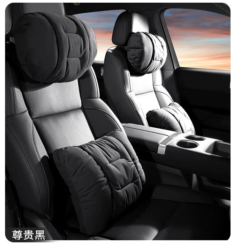 Suede Leather Car Headrest & Lumbar Support Pillow Set – Comfortable Neck and Back Cushions - Delicate Leather