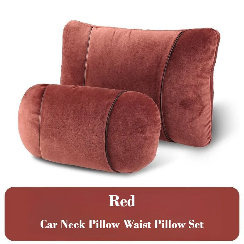 Plush Car Headrest & Lumbar Support Pillow Set – Soft Neck and Waist Seat Cushions - Delicate Leather