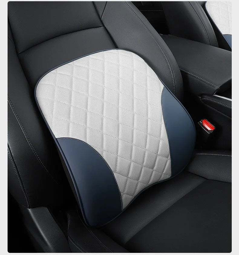 Nappa Leather Car Headrest & Lumbar Support Set – Memory Foam Neck and Waist Cushion - Delicate Leather
