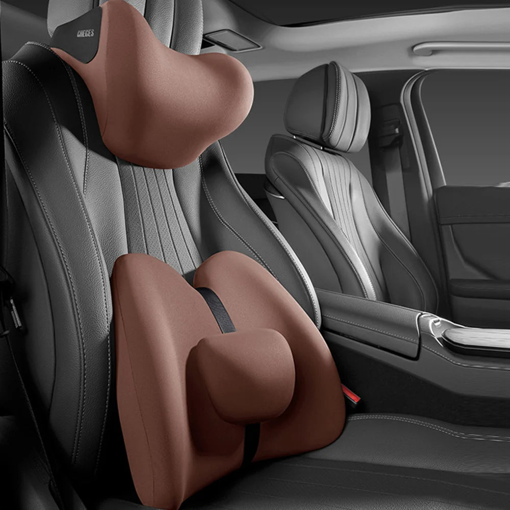 Memory Foam Car Headrest & Lumbar Support Set – Universal Neck and Back Cushion - Delicate Leather