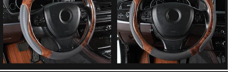 Wood Grain Steering Wheel Cover – PU Leather Anti-Slip Breathable 38cm Universal Fit - Delicate Leather