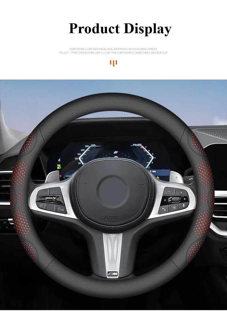 Car Steering Wheel Cover, Universal 38cm O/D Shape Leather Steering Wheel Cover – Car Interior Anti-Slip Accessory - Delicate Leather