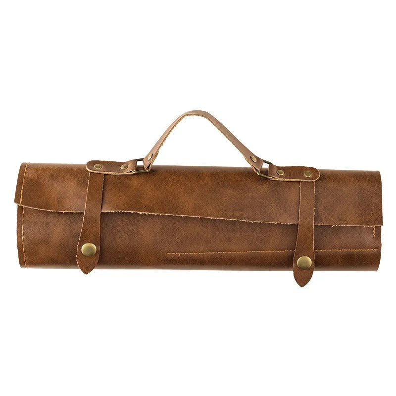 Portable Two-Layer Cowhide Chef Knife Roll Bag - Waterproof Leather Knife Storage Case with Handle - Delicate Leather