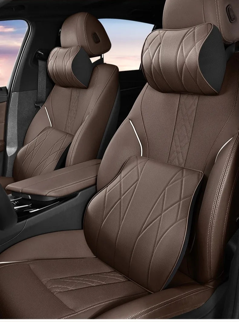 Memory Foam Car Neck & Lumbar Support Pillow Set – Leather Seat Comfort Cushions - Delicate Leather
