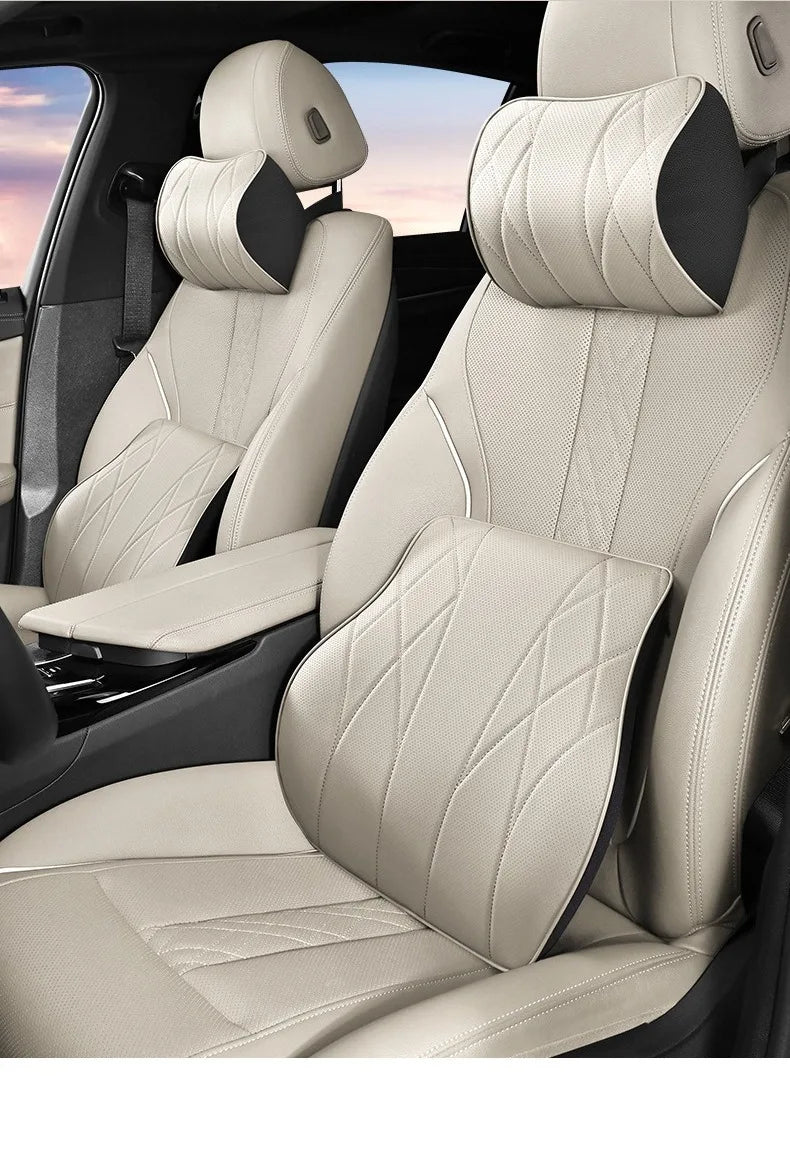 Memory Foam Car Neck & Lumbar Support Pillow Set – Leather Seat Comfort Cushions - Delicate Leather