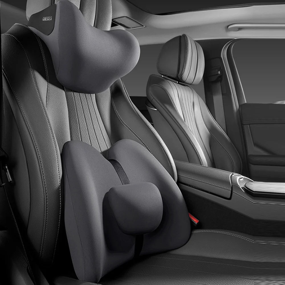 Memory Foam Car Headrest & Lumbar Support Set – Universal Neck and Back Cushion - Delicate Leather