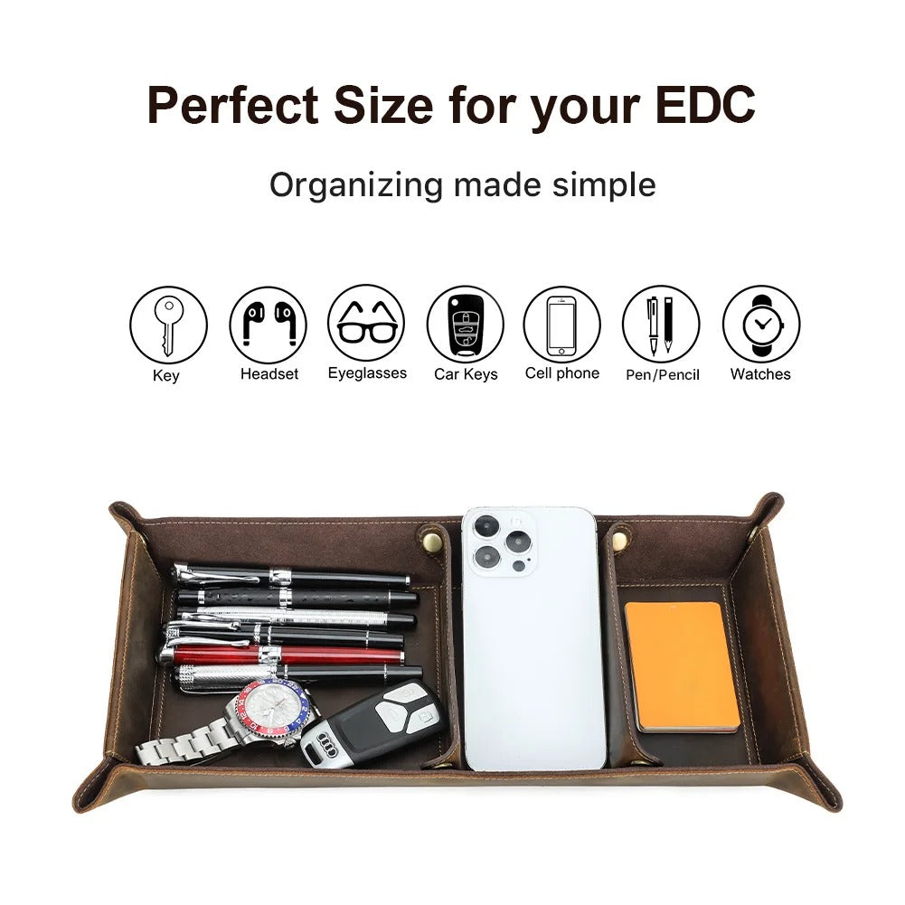 Genuine Leather Desktop Tray Organizer, 3 Compartments, Durable for Key Jewelry Cosmetic Storage Box, Folding Home Decoration
