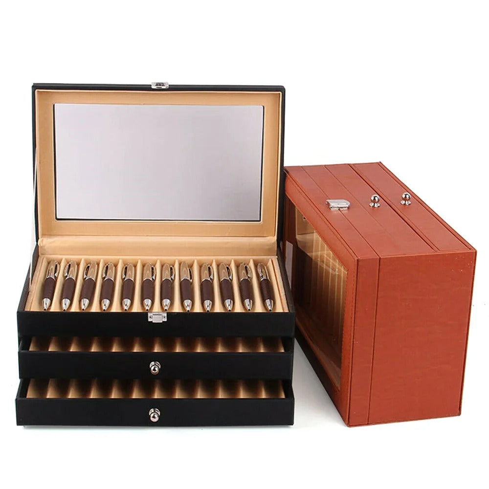 Fountain Pen Display Case 36 Slot Holder Leather Storage Collector Organizer Box - Delicate Leather