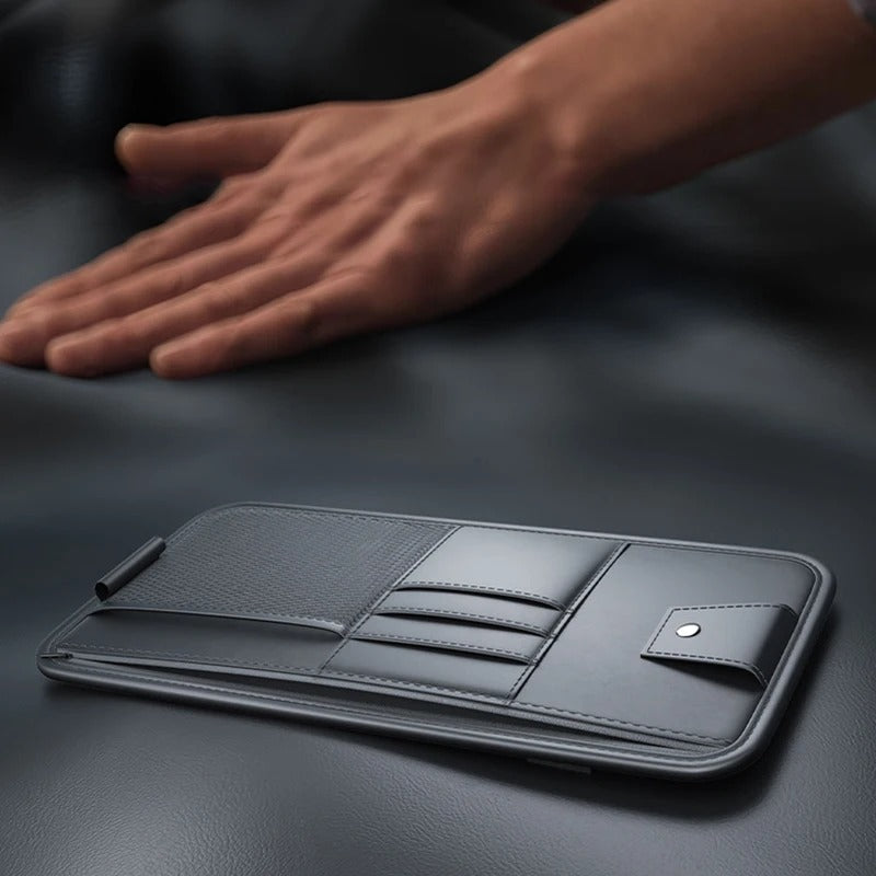 PU Leather Car Sun Visor Organizer – Multi-Pocket Storage Bag with Card Holder and Glasses Clip, 16×32 cm - Delicate Leather