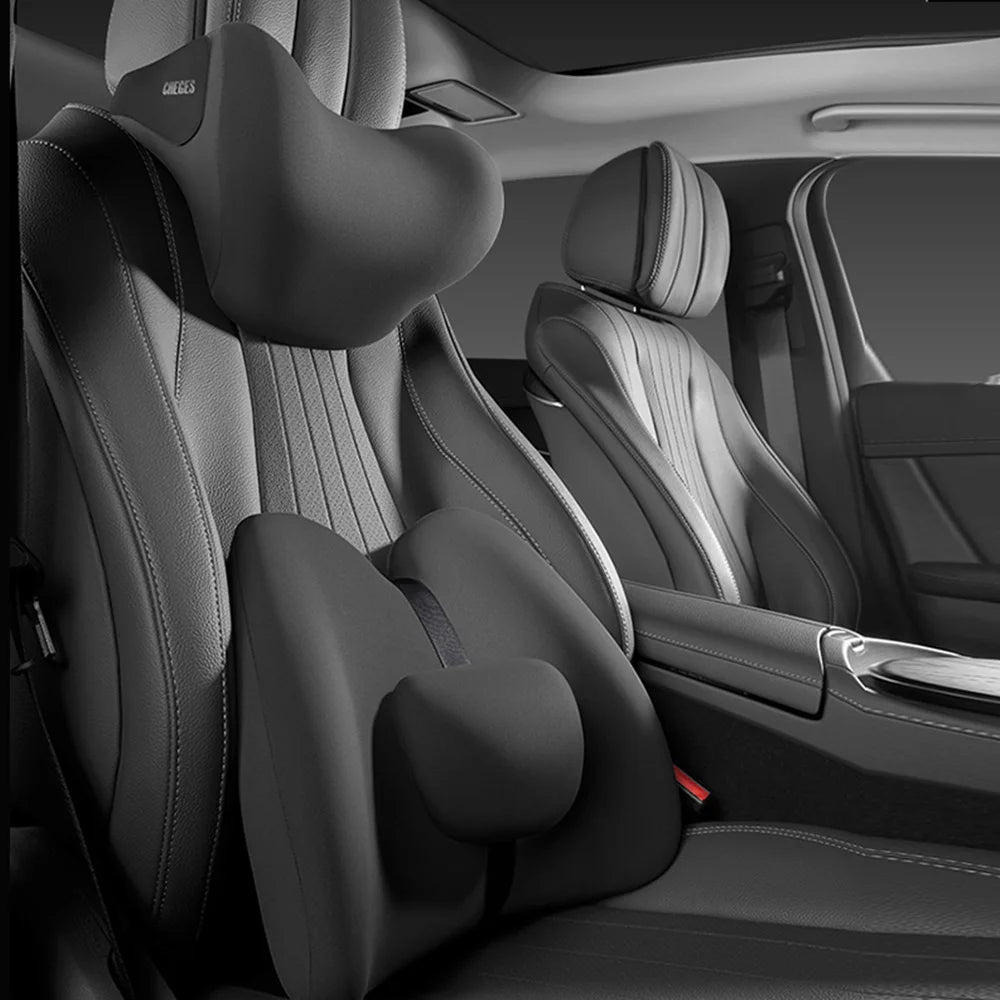 Memory Foam Car Headrest & Lumbar Support Set – Universal Neck and Back Cushion - Delicate Leather