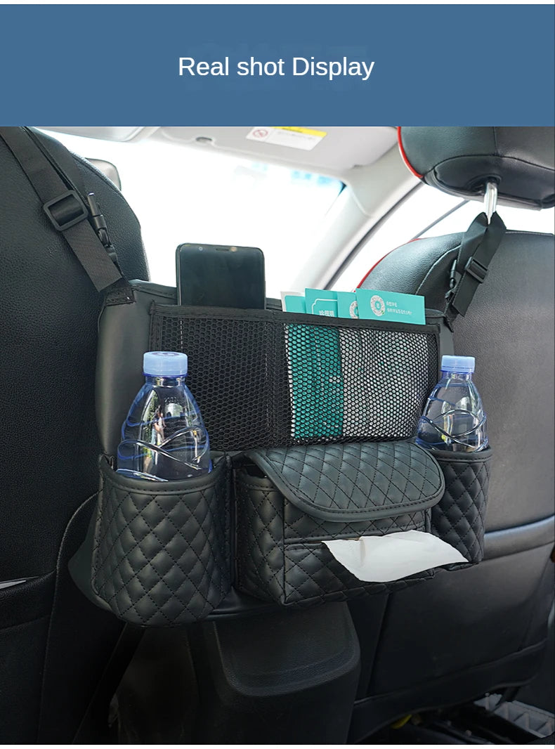 Leather Car Seat Middle Hanger Storage Bag Luxury Auto Handbag Holder Between Seats Tissue Water Cup Pockets Stowing Tidying - Delicate Leather