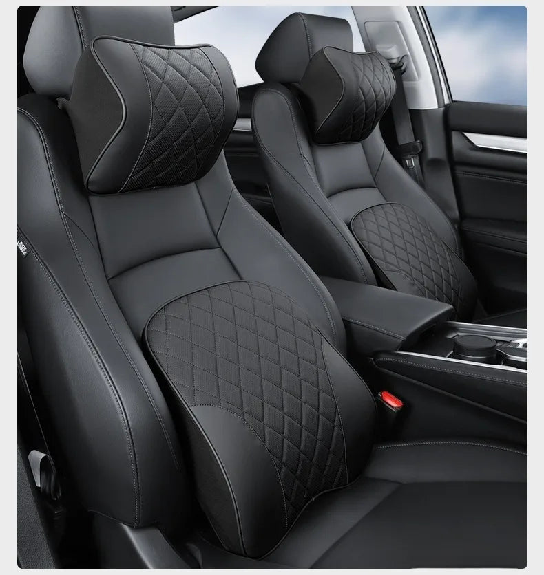 Nappa Leather Car Headrest & Lumbar Support Set – Memory Foam Neck and Waist Cushion - Delicate Leather