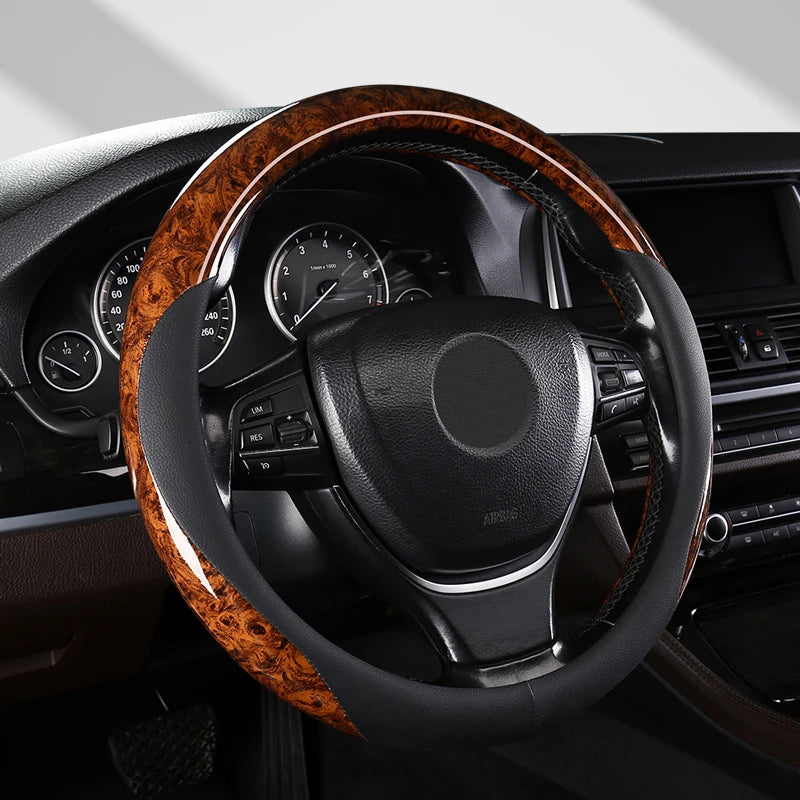 Wood Grain Microfiber Leather Steering Wheel Cover – Universal Fit 14.5–15 Inch, Anti-Slip Design, Durable & Comfortable Grip - Delicate Leather