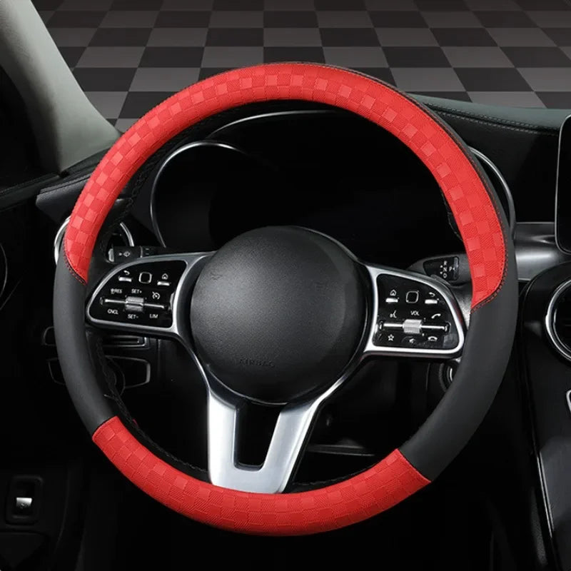 Microfiber Leather Steering Wheel Cover – 15-Inch Universal Fit, Anti-Slip Rubber Grip, Checkered Flag Design, All-Season Comfort - Delicate Leather