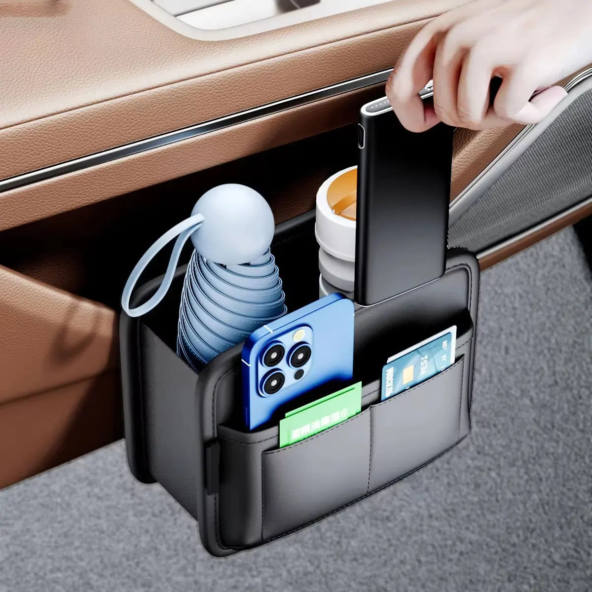 Foldable Car Door Storage Box – PU Leather Multi-Functional Organizer for Keys, Glasses, Phone, and Trash - Delicate Leather