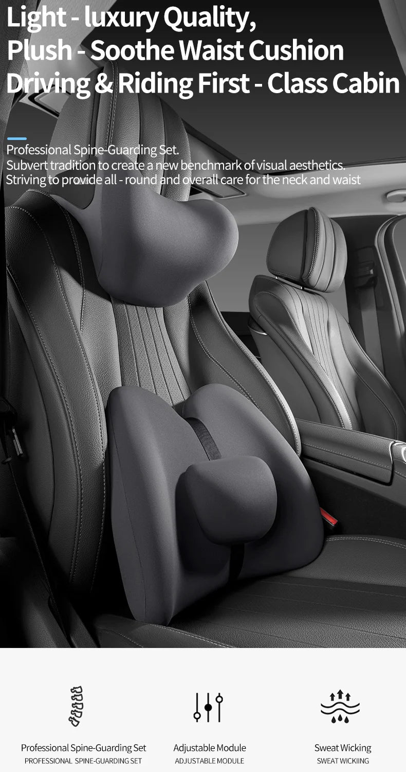 Memory Foam Car Headrest & Lumbar Support Set – Universal Neck and Back Cushion - Delicate Leather