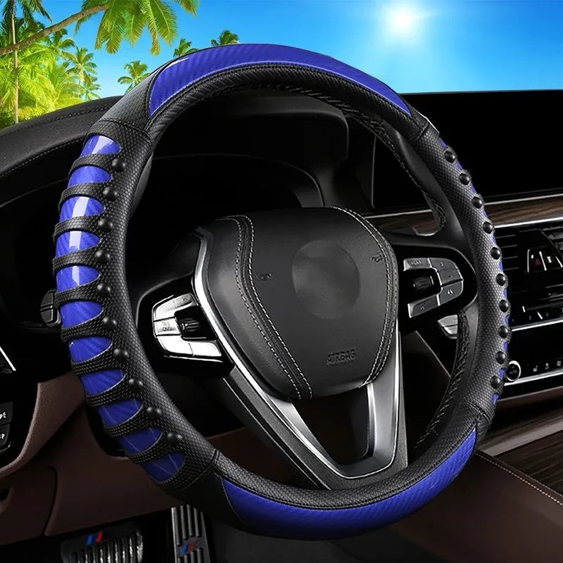 Carbon Fiber Leather Steering Wheel Cover – Universal Non-Slip Grip, Breathable Interior Car Accessory for 14.5–15 Inch Wheels - Delicate Leather