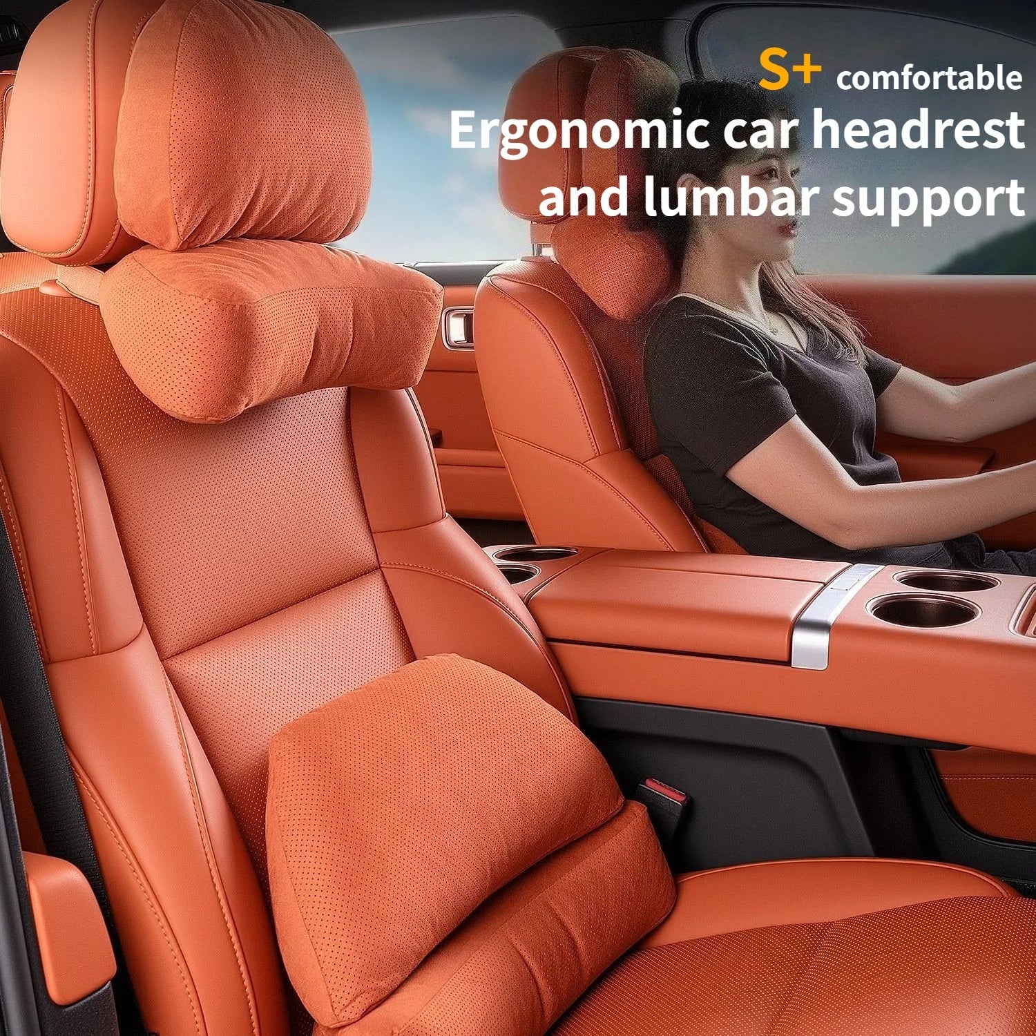 Suede Car Headrest and Lumbar Pillow Set – Universal Neck and Waist Support Cushions for Car Seats - Delicate Leather
