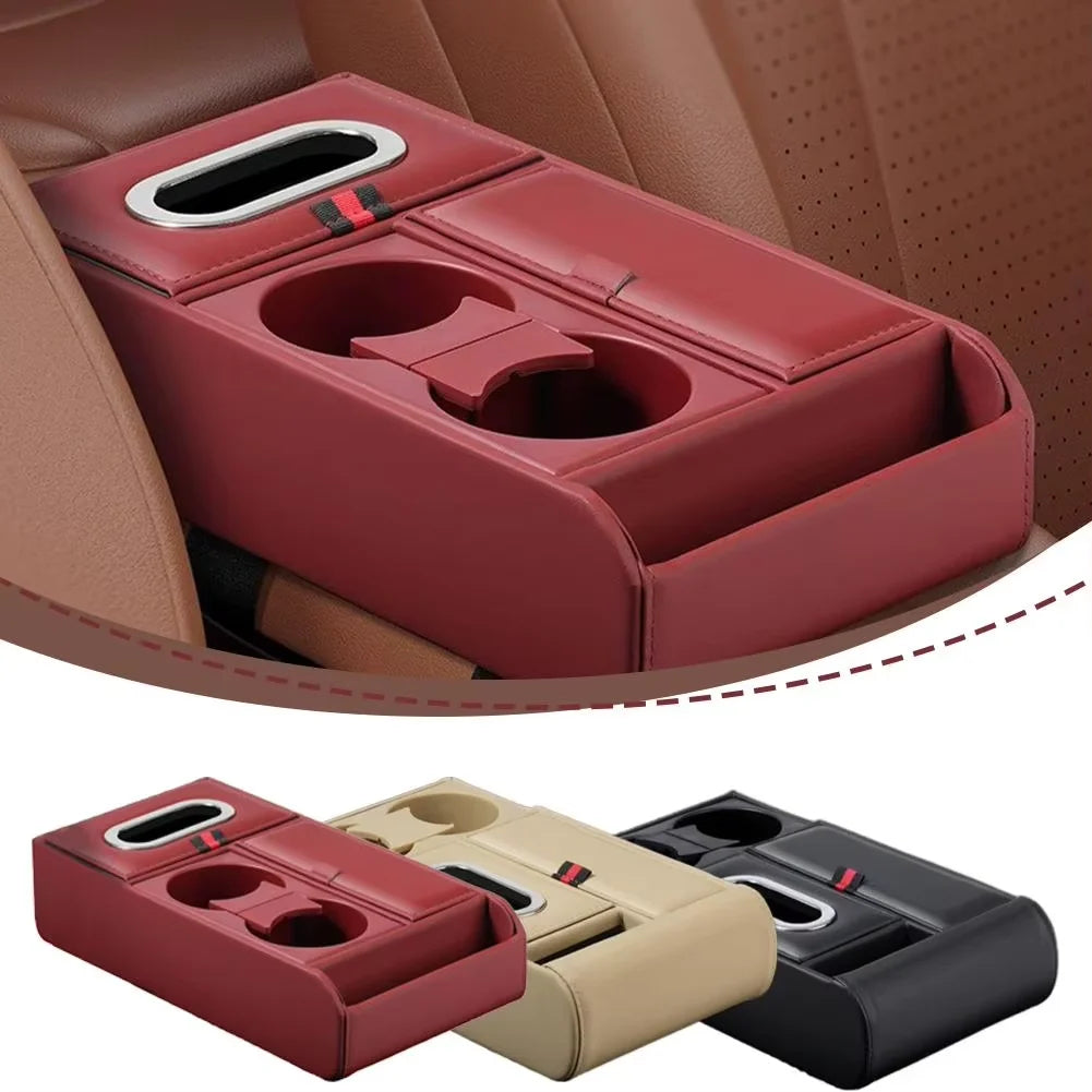 Car Armrest Storage Box with Cup Holder – Center Console Organizer Pad - Delicate Leather