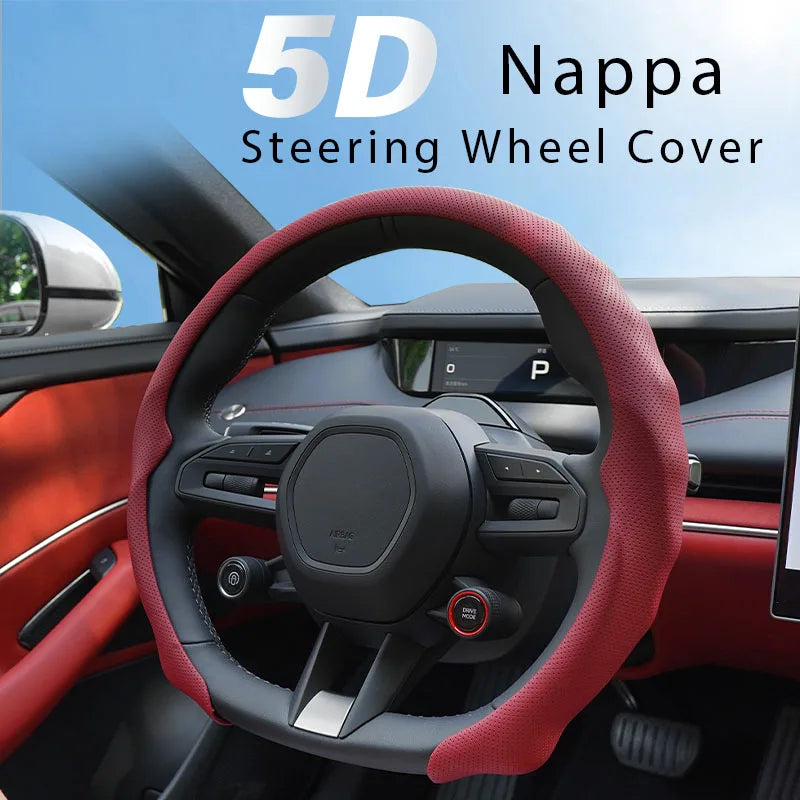 Ultra-Thin Nappa Leather Steering Wheel Cover with Breathable Strap Holes Non-Slip Universal Fit - Delicate Leather