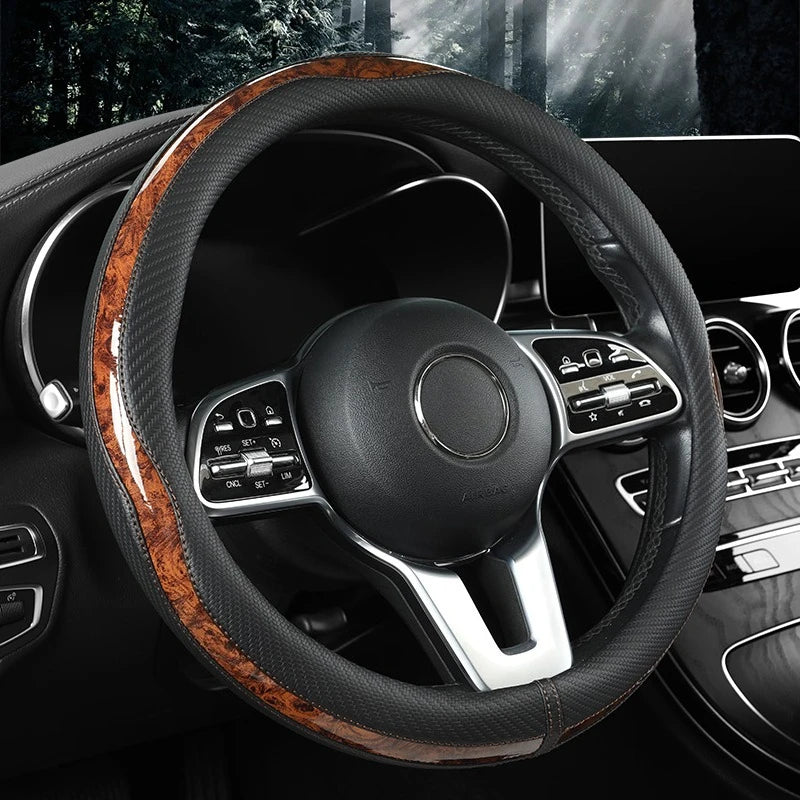 Carbon Fiber Style Steering Wheel Cover – Anti-Slip PU Leather & Wood Grain, 38cm Universal Fit - Delicate Leather