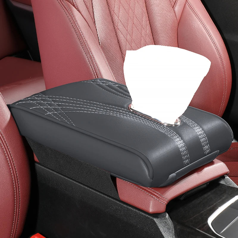 Multi-Functional Leather Car Armrest Pad, Memory Foam Heightening Cushion, Central Console Tissue Holder - Delicate Leather
