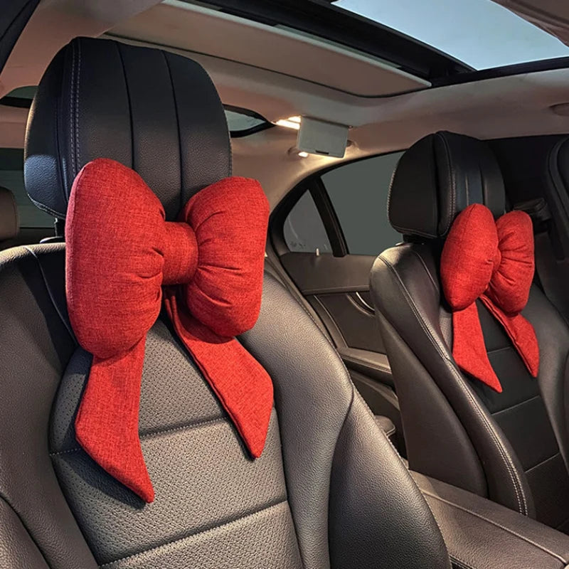 Adjustable Linen Car Headrest & Lumbar Support Pillow Set – Soft Bow Neck Cushion for Comfortable Travel and Driving Rest - Delicate Leather
