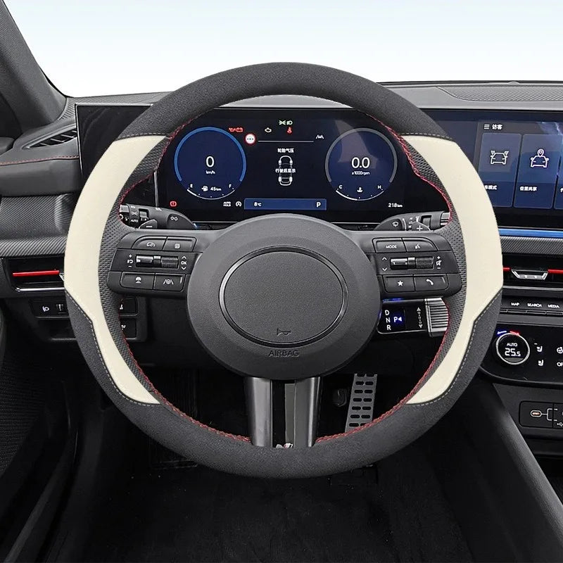Suede Leather Steering Wheel Cover 38cm – Universal Anti-Slip Grip Car Interior Accessory - Delicate Leather