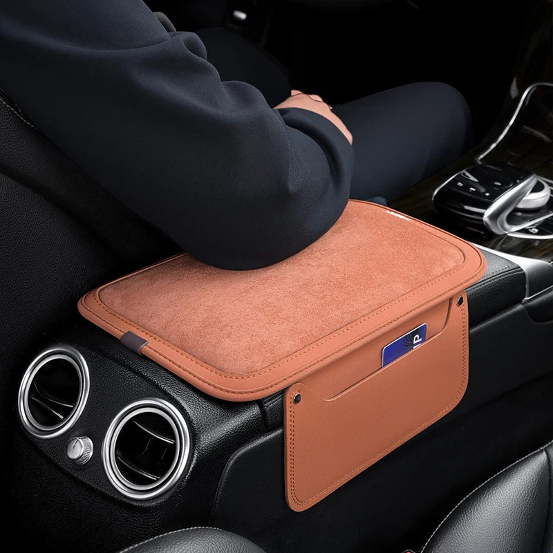 Leather Suede Car Armrest Cushion Cover – Soft Center Console Armrest Pad with Storage Pocket - Delicate Leather