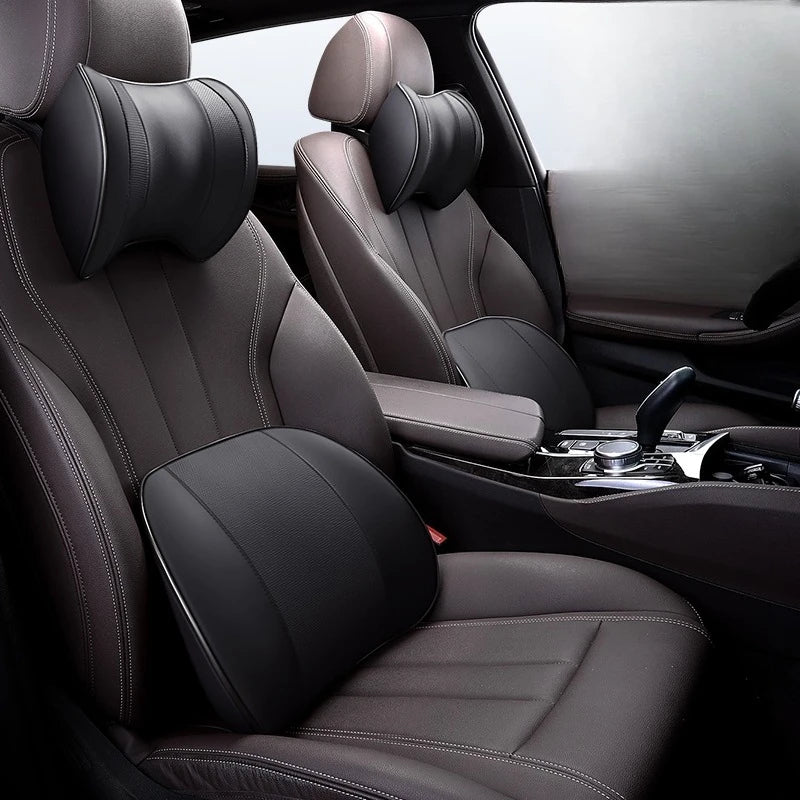 Ventilated Memory Foam Car Neck & Lumbar Pillow – Slow Rebound, Universal Seat Support - Delicate Leather