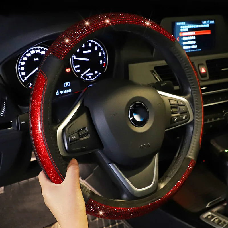 Diamond Style Steering Wheel Cover – Glitter Finish Split Leather Anti-Slip Grip Universal Interior Accessory - Delicate Leather