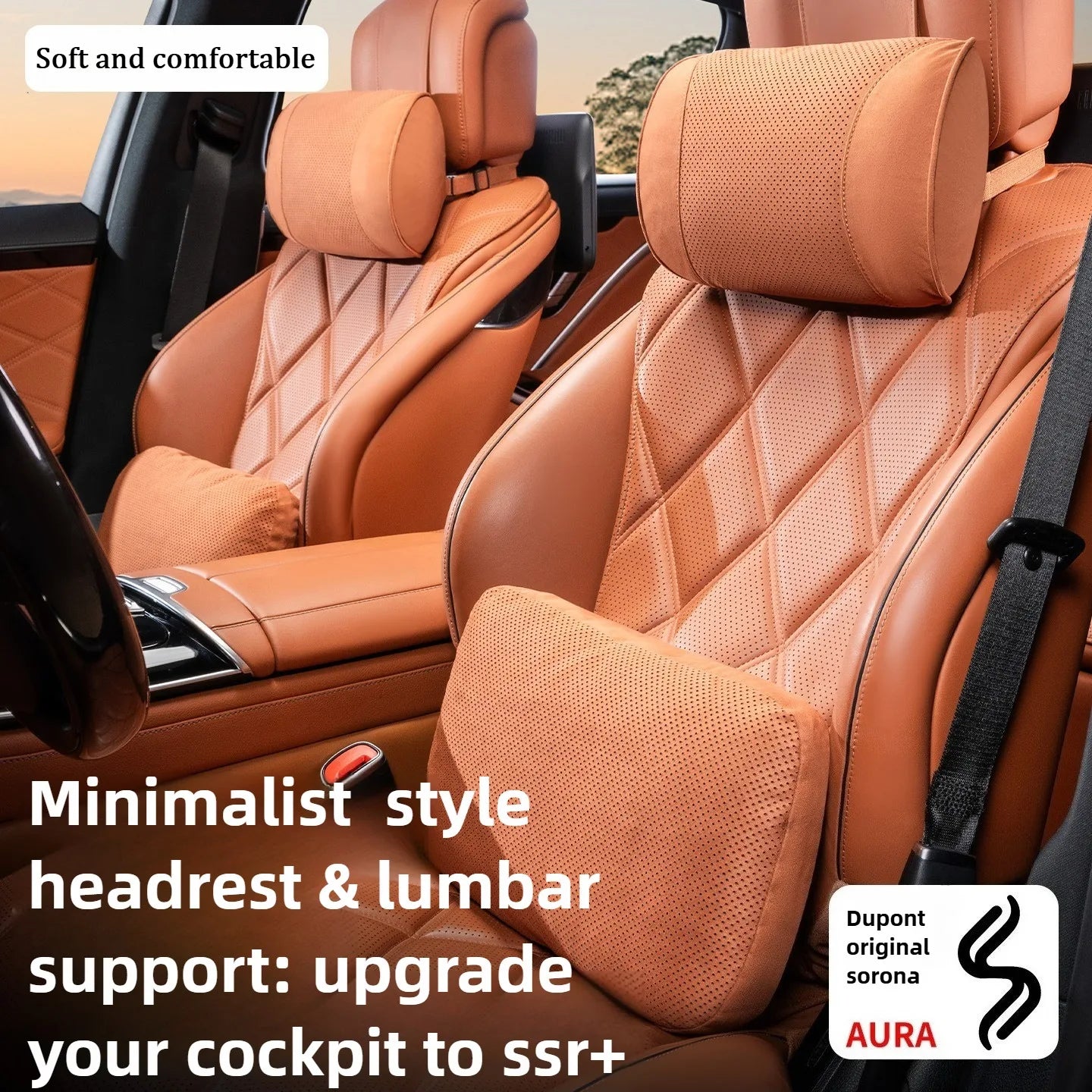 Suede Car Neck Pillow & Lumbar Cushion Set – Universal Fit Soft Headrest and Waist Support for Comfortable Driving - Delicate Leather