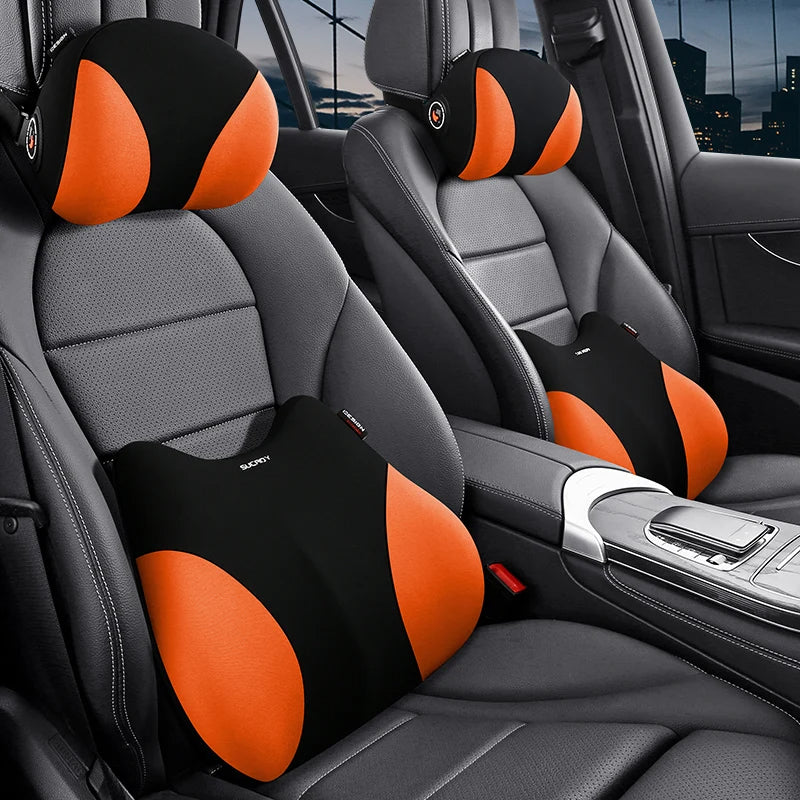 Memory Foam Car Headrest & Lumbar Pillow, Neck and Back Support Cushion, Universal for Car, Office, and Home - Delicate Leather