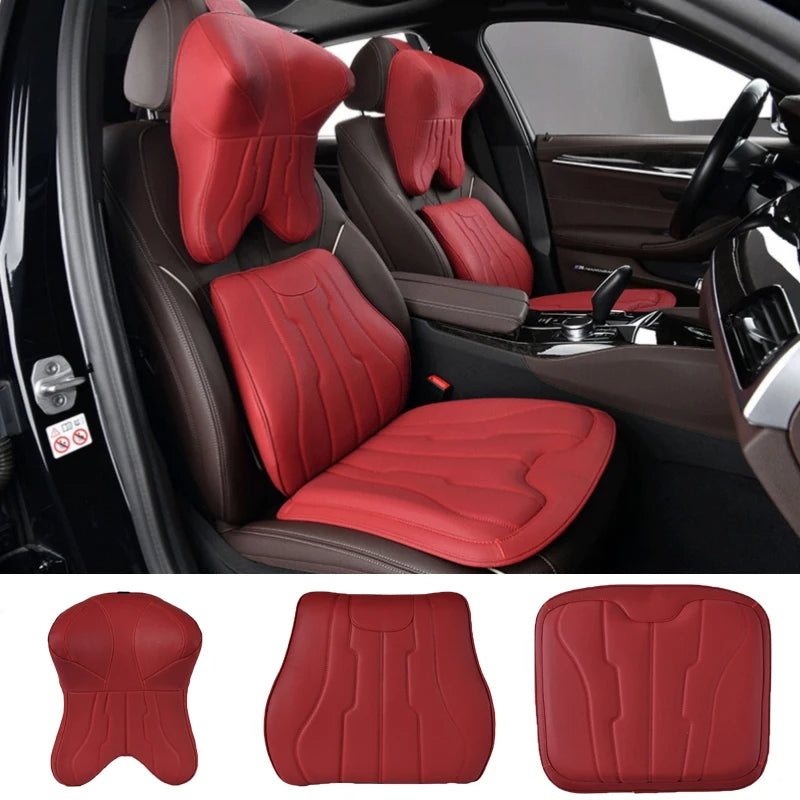 New Car Neck Pillow & Lumbar Support - Breathable Leather Seat Anti-slip Protective Cushion - Business Luxury Car Interior Headrest - Delicate Leather