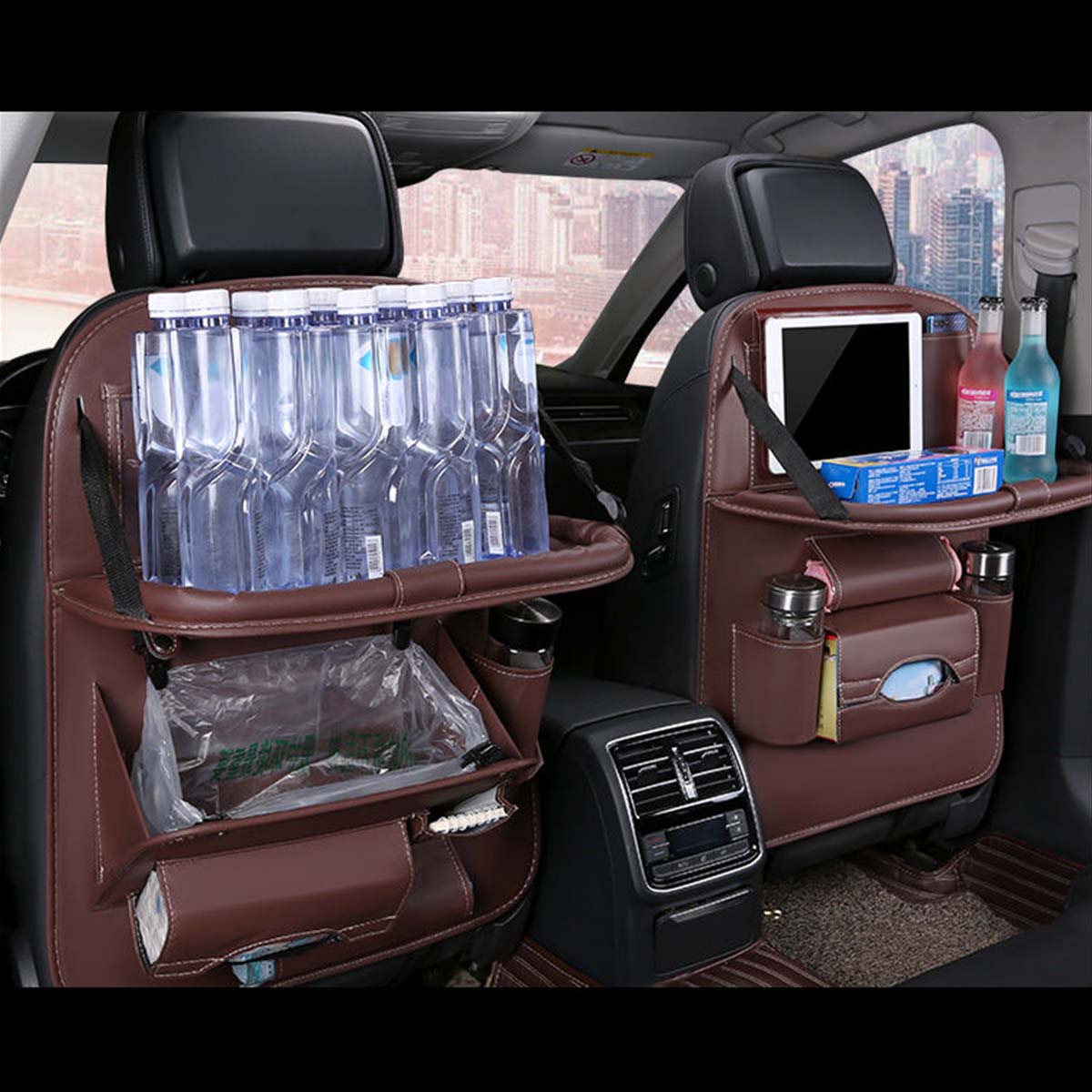 Backseat Organizer With Tablet Holder PU Leather, Custom-Fit For Car, Car Seat Back Protectors Kick With Foldable Table Tray Car Seat Organizer DLRA240 - Delicate Leather