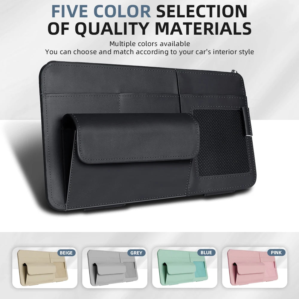 Car Sun Visor Organizer – PU Leather Storage with Glasses Holder, Card & Pen Slots - Delicate Leather
