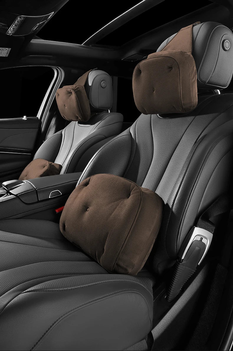 Memory Foam Car Neck Pillow & Lumbar Support Set – Breathable Seat Comfort Cushions - Delicate Leather