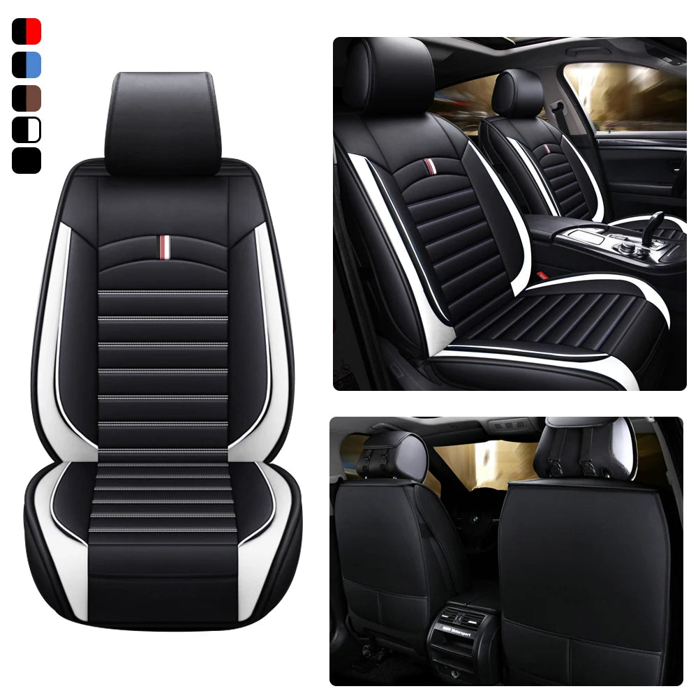 Full Set PU Leather Car Seat Covers for Five Seats – Black & White, Soft, Waterproof Front and Rear Seat Protection 06 - Delicate Leather