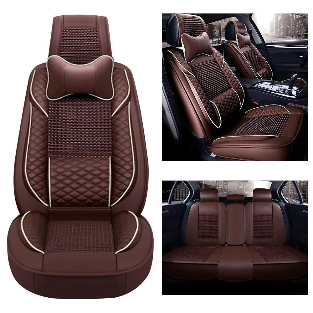 Universal Coffee-Colored Seat Covers for 5-Seater – Ice Silk, Waterproof Headrests & Lumbar Pillows 12 - Delicate Leather