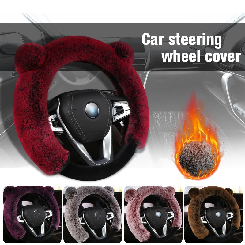 Winter Plush Steering Wheel Cover – Soft Faux Rabbit Fur, Cute Ear Design, Universal Fit 37–38cm