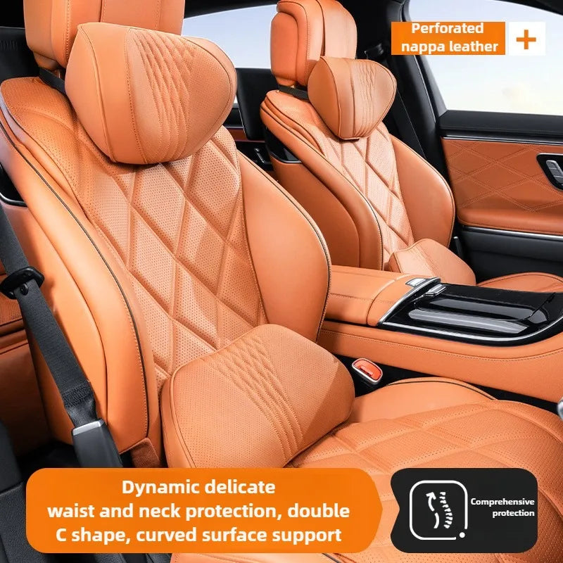 Soft Memory Foam Car Neck & Lumbar Pillow Set – Leather Headrest for Comfortable Driving - Delicate Leather