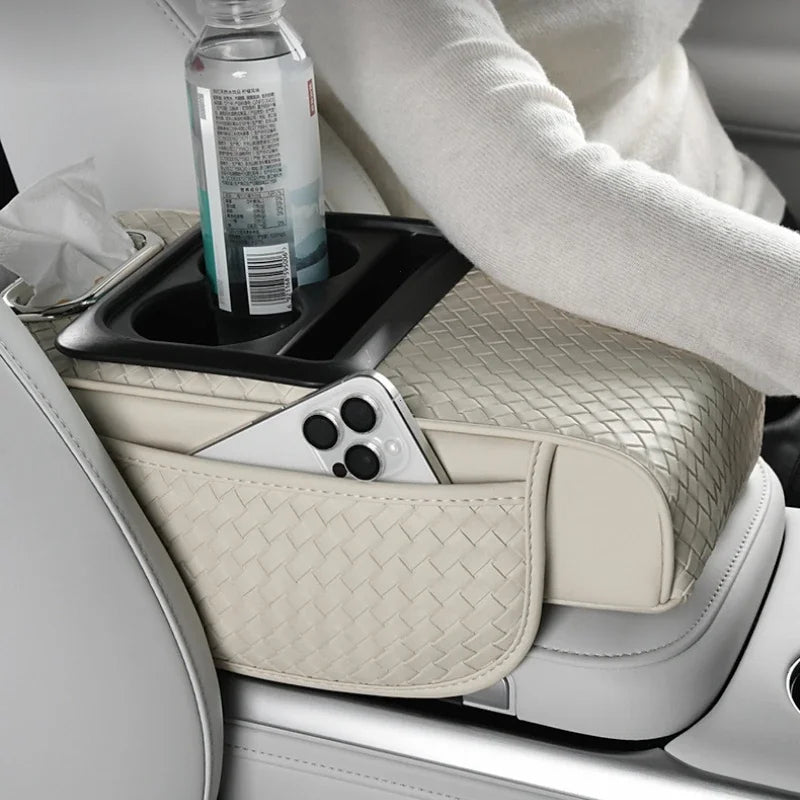 Car Armrest Cushion with Tissue Box, Cup Holder & Phone Pocket – Multifunctional Arm Rest Pad for Trucks and Vehicles - Delicate Leather