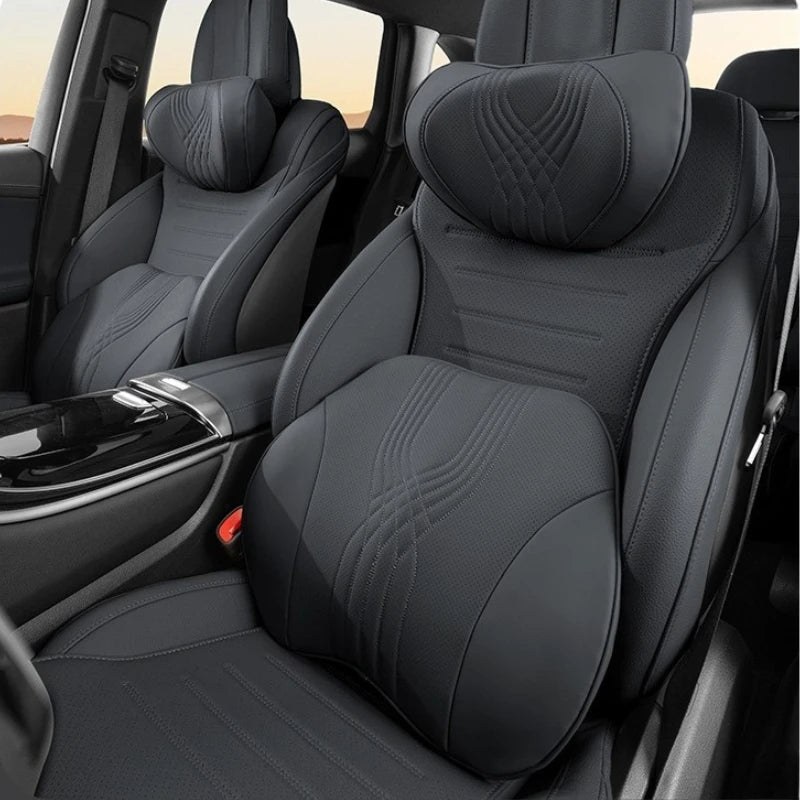 Nappa Leather Car Neck Pillow and Seat Pillow - Soft Headrest Lumbar Support for Comfortable Driving - Auto Accessories - Delicate Leather