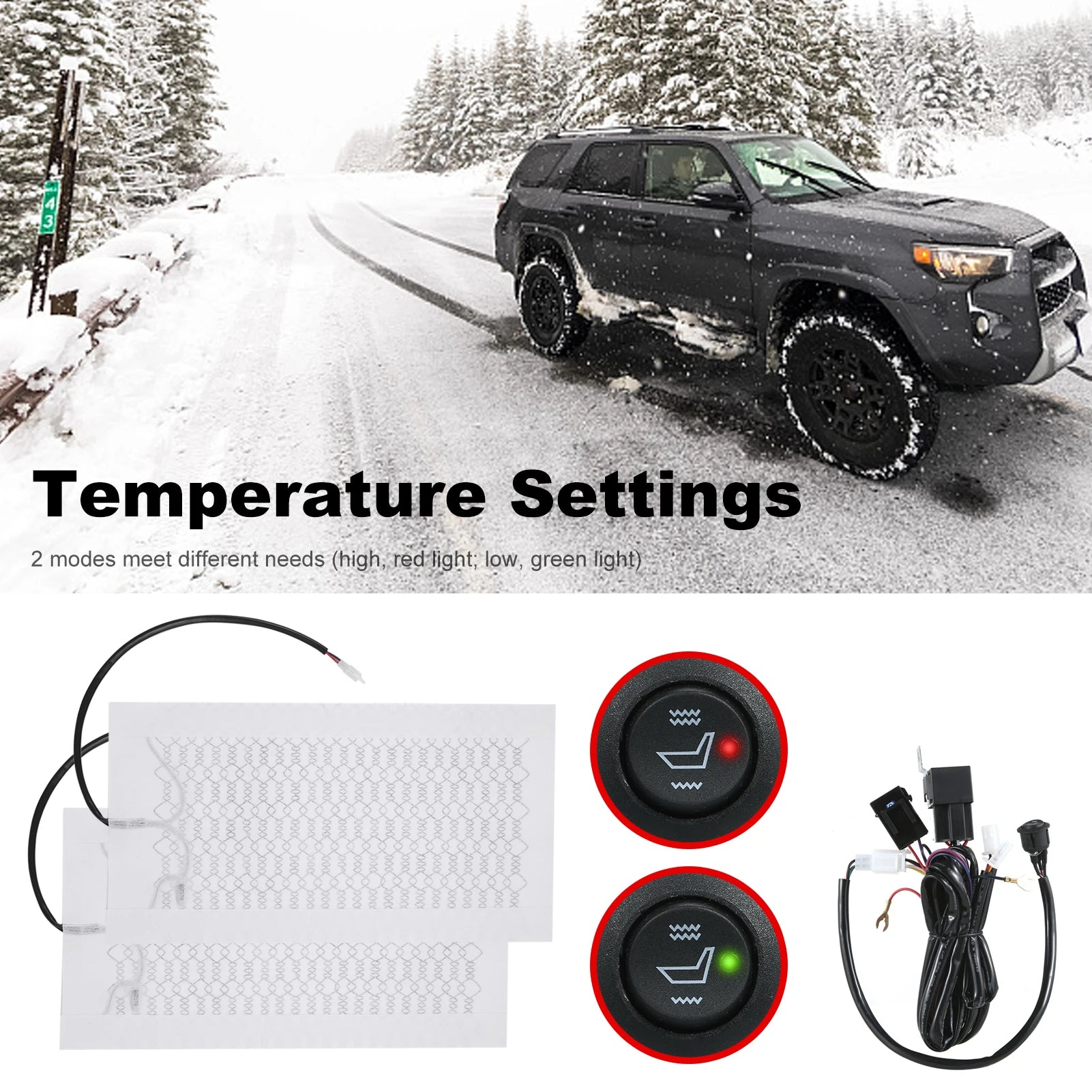 12 V Carbon Fiber Seat Heater Kit for 2 Seats – High / Low Temperature Switch Heated Pads, Universal Seat Heating Cushion Warmer - Delicate Leather