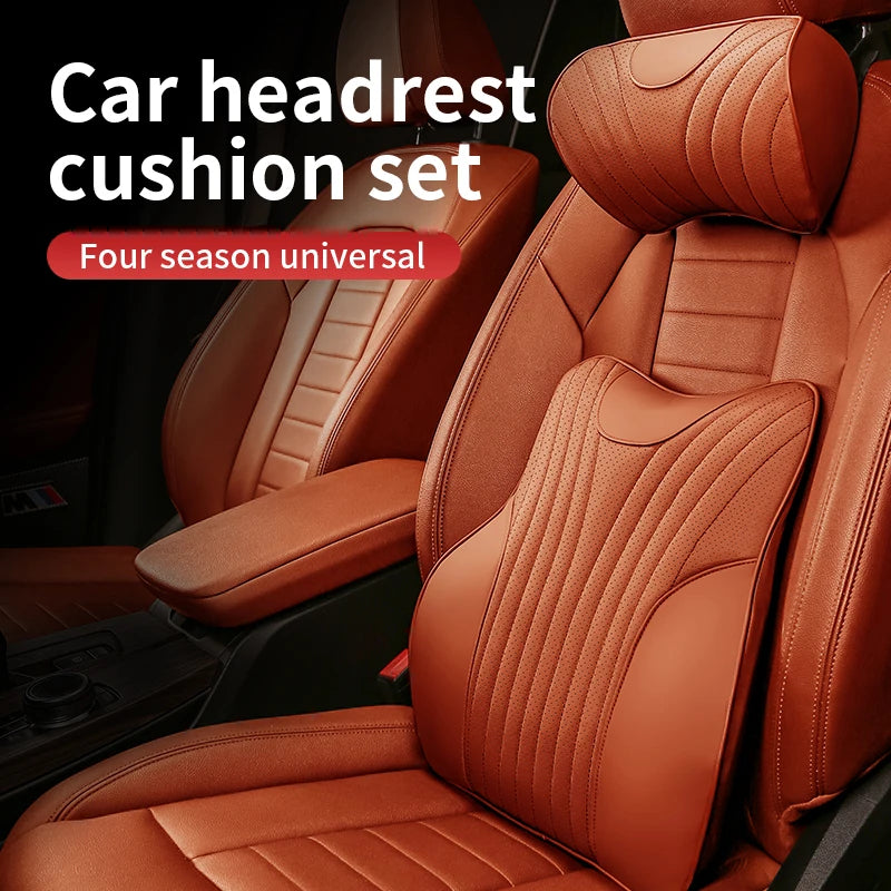 Universal Genuine Leather Neck Pillow & Lumbar Support – Anti-Slip Car Headrest Cushion for All-Season Comfort - Delicate Leather